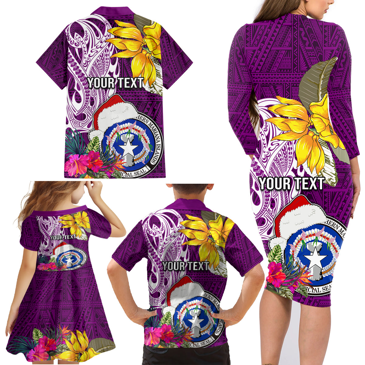 Custom Northern Mariana Islands Christmas Family Matching Long Sleeve Bodycon Dress and Hawaiian Shirt Funny Santa Hug Latte Stone Ylang-ylang and Polynesia Pattern Pink LT03 - Polynesian Pride