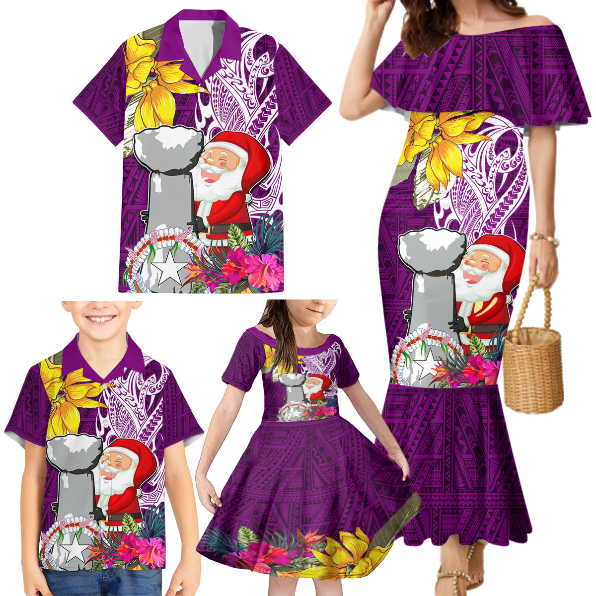 Custom Northern Mariana Islands Christmas Family Matching Mermaid Dress and Hawaiian Shirt Funny Santa Hug Latte Stone Ylang-ylang and Polynesia Pattern Pink LT03 - Polynesian Pride