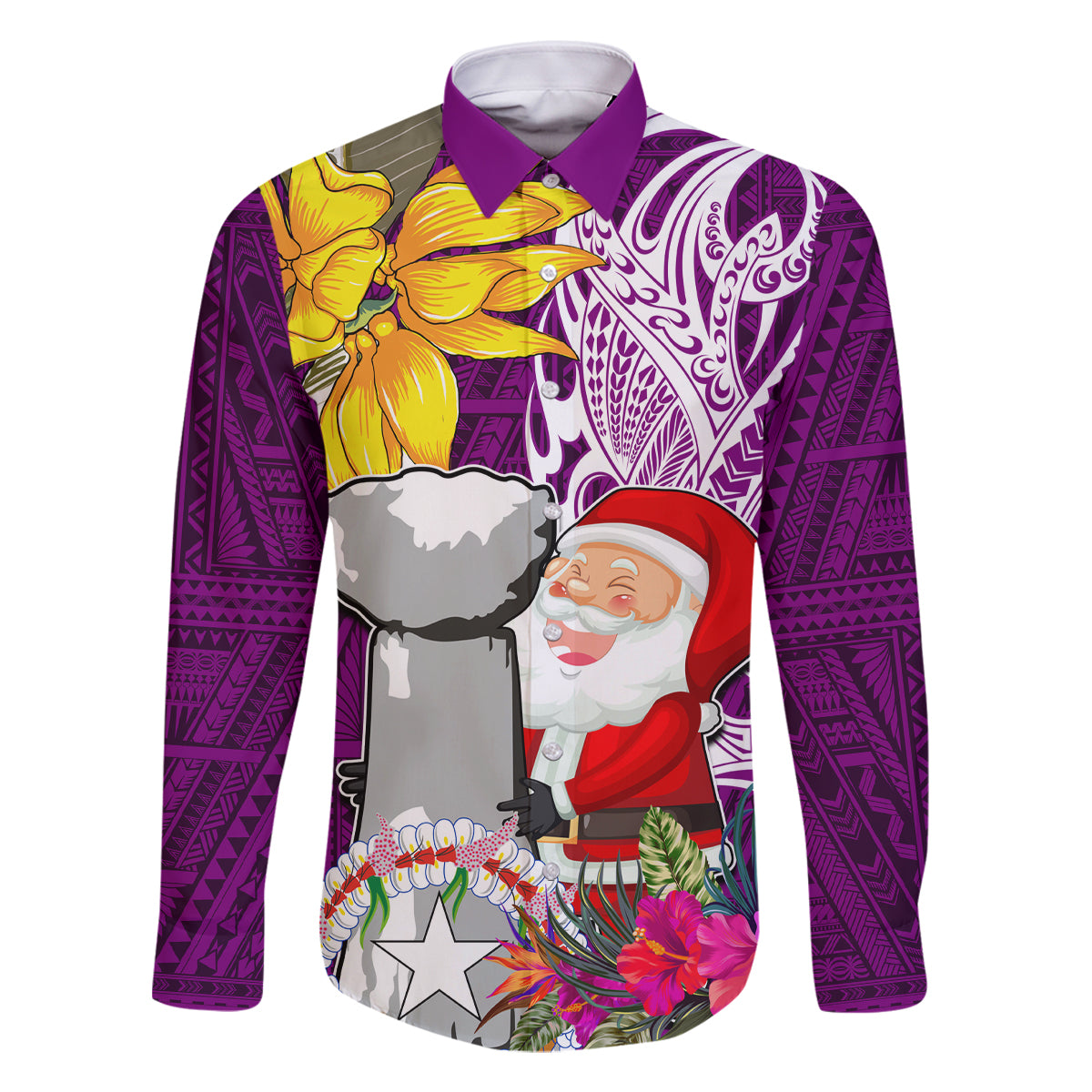 Custom Northern Mariana Islands Christmas Family Matching Off Shoulder Maxi Dress and Hawaiian Shirt Funny Santa Hug Latte Stone Ylang-ylang and Polynesia Pattern Pink LT03 Dad's Shirt - Long Sleeve Pink - Polynesian Pride