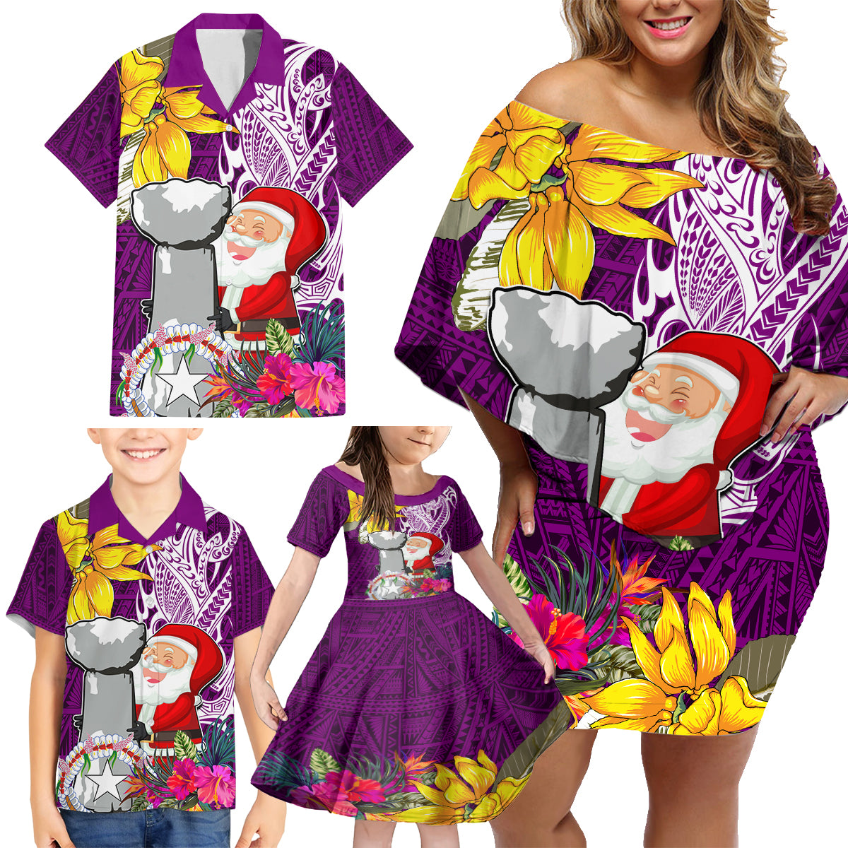 Custom Northern Mariana Islands Christmas Family Matching Off Shoulder Short Dress and Hawaiian Shirt Funny Santa Hug Latte Stone Ylang-ylang and Polynesia Pattern Pink LT03 - Polynesian Pride