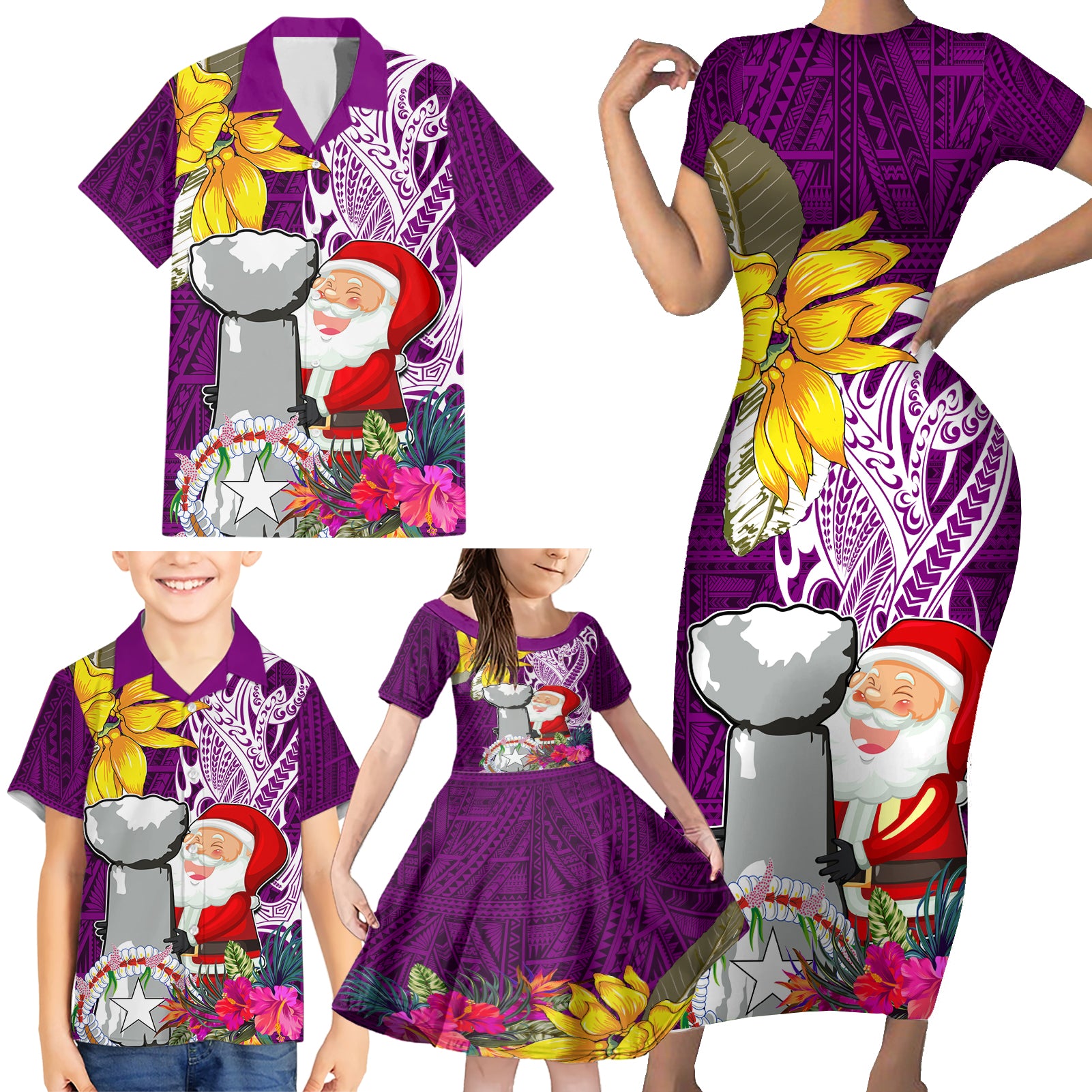 Custom Northern Mariana Islands Christmas Family Matching Short Sleeve Bodycon Dress and Hawaiian Shirt Funny Santa Hug Latte Stone Ylang-ylang and Polynesia Pattern Pink LT03 - Polynesian Pride