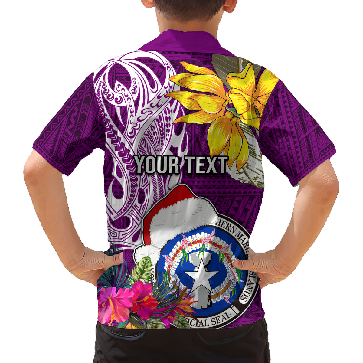 Custom Northern Mariana Islands Christmas Kid Hawaiian Shirt Funny Santa Hug Latte Stone Ylang-ylang and Polynesia Pattern Pink LT03 - Polynesian Pride