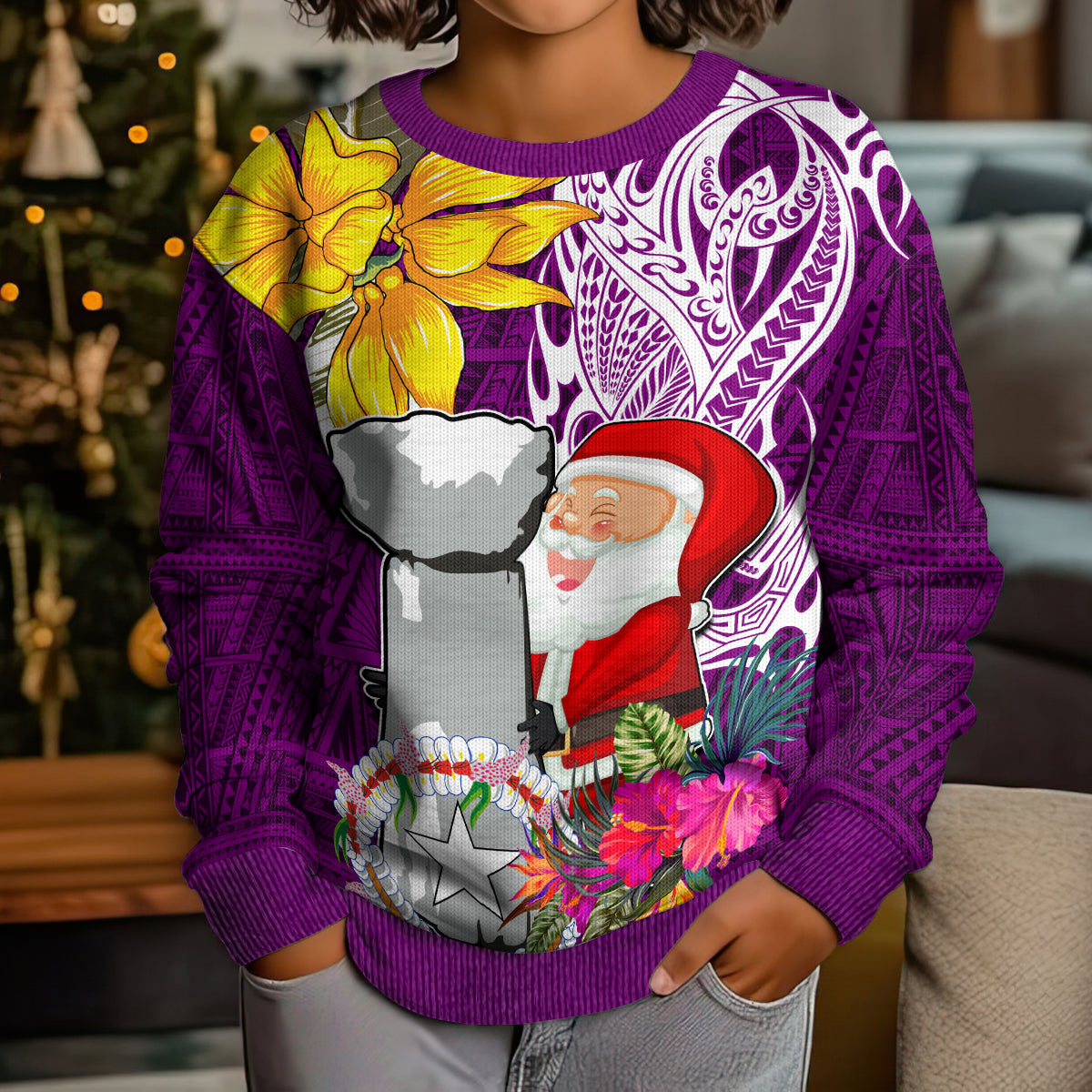 Custom Northern Mariana Islands Christmas Kid Ugly Christmas Sweater Funny Santa Hug Latte Stone Ylang-ylang and Polynesia Pattern Pink LT03 - Polynesian Pride