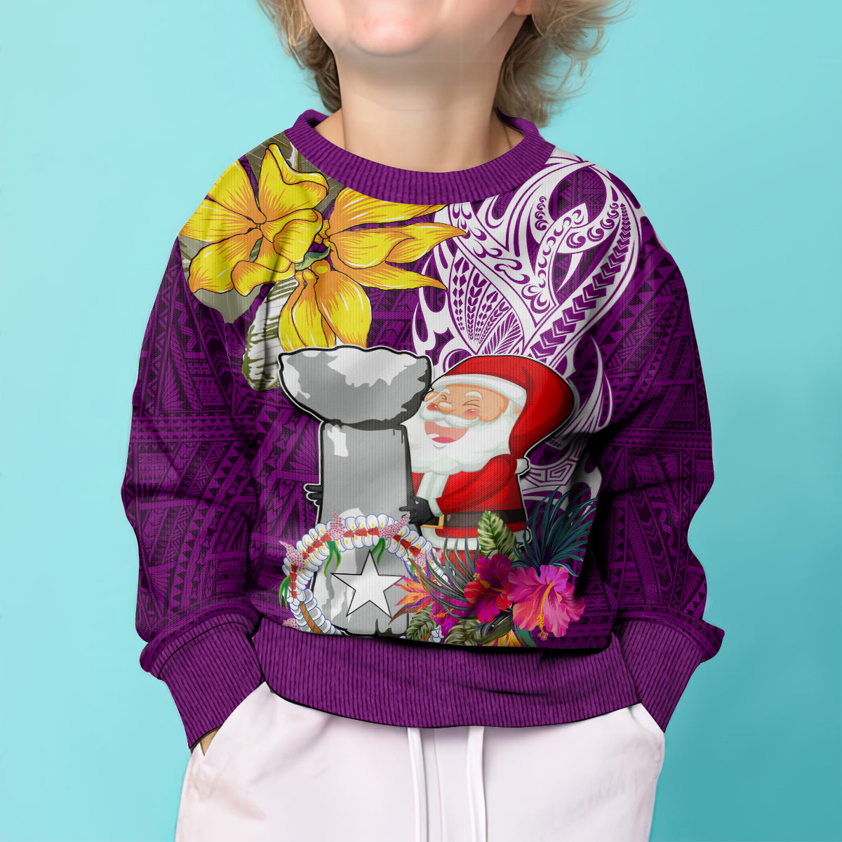 Custom Northern Mariana Islands Christmas Kid Ugly Christmas Sweater Funny Santa Hug Latte Stone Ylang-ylang and Polynesia Pattern Pink LT03 - Polynesian Pride