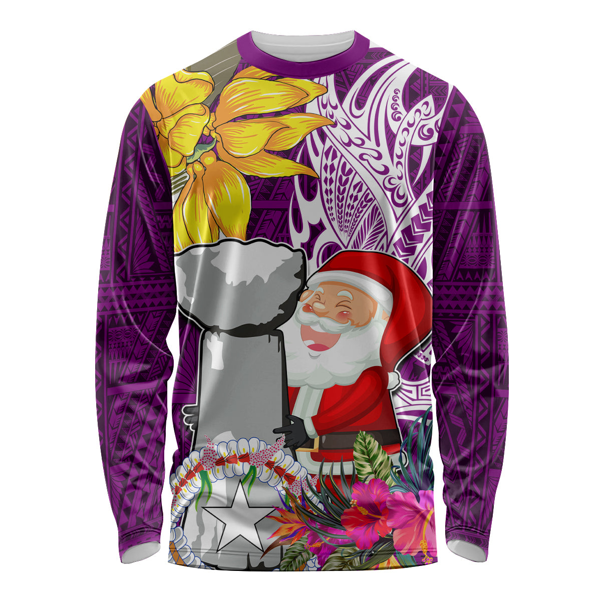 Custom Northern Mariana Islands Christmas Long Sleeve Shirt Funny Santa Hug Latte Stone Ylang-ylang and Polynesia Pattern Pink LT03 Unisex Pink - Polynesian Pride