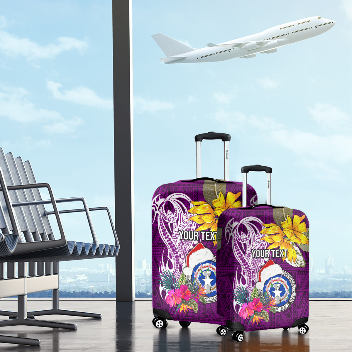 Custom Northern Mariana Islands Christmas Luggage Cover Funny Santa Hug Latte Stone Ylang-ylang and Polynesia Pattern Pink LT03 - Polynesian Pride