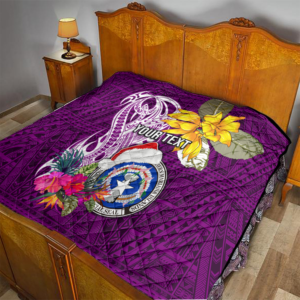 Custom Northern Mariana Islands Christmas Quilt Funny Santa Hug Latte Stone Ylang-ylang and Polynesia Pattern Pink LT03 - Polynesian Pride