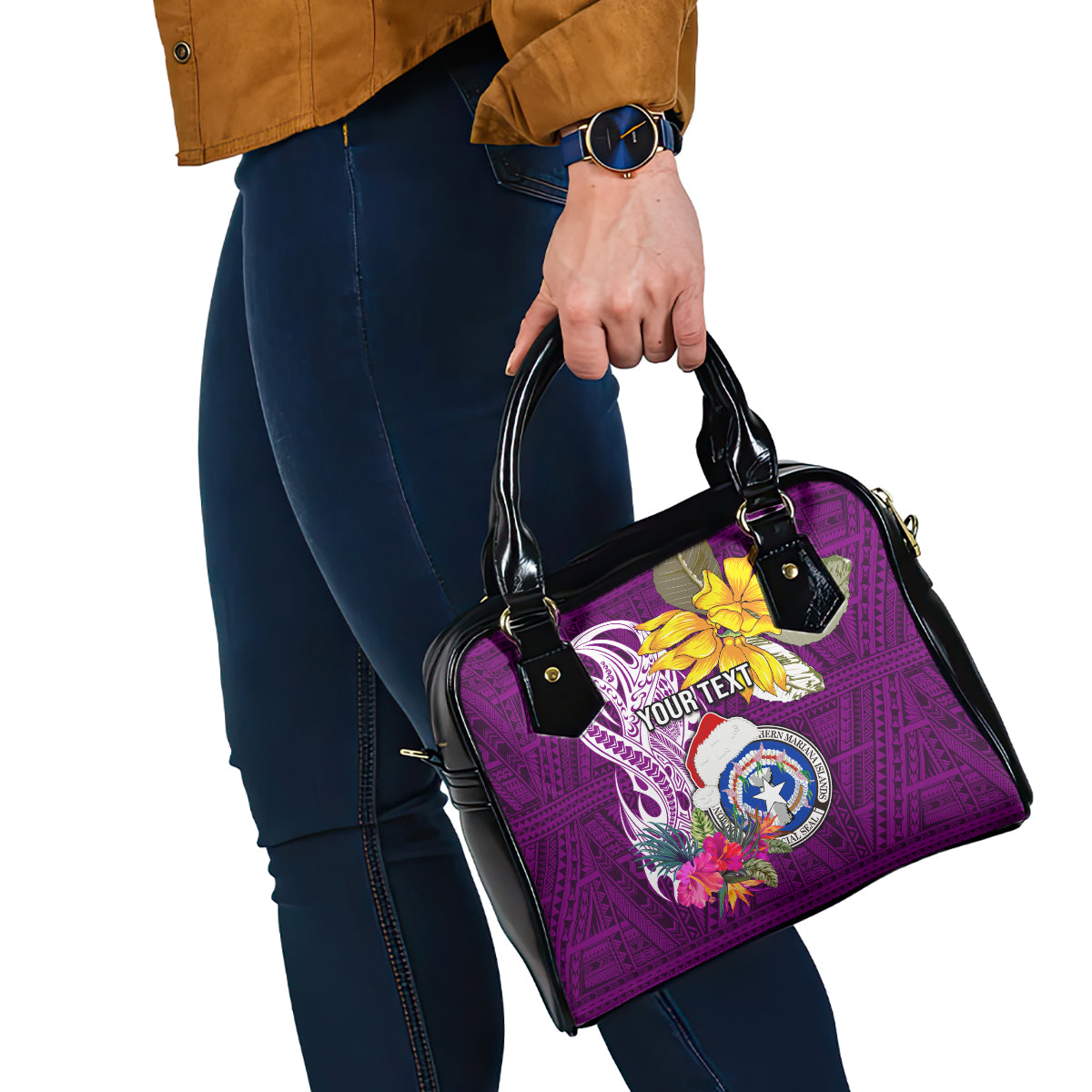 Custom Northern Mariana Islands Christmas Shoulder Handbag Funny Santa Hug Latte Stone Ylang-ylang and Polynesia Pattern Pink LT03 - Polynesian Pride