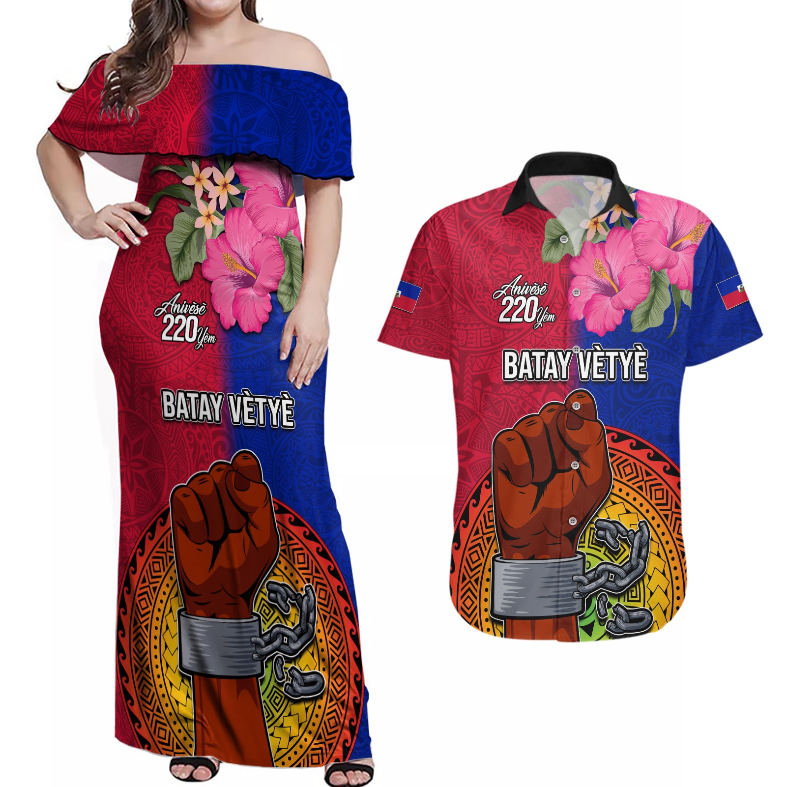 Haiti Battle of Vertieres Couples Matching Off Shoulder Maxi Dress and Hawaiian Shirt The Haitian Revolution 220th Anniversary Polynesian Style LT03 Red - Polynesian Pride