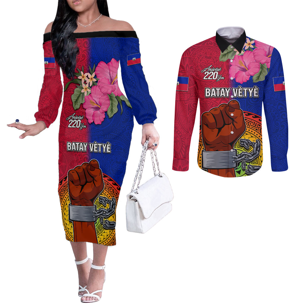 Haiti Battle of Vertieres Couples Matching Off The Shoulder Long Sleeve Dress and Long Sleeve Button Shirt The Haitian Revolution 220th Anniversary Polynesian Style LT03 Red - Polynesian Pride