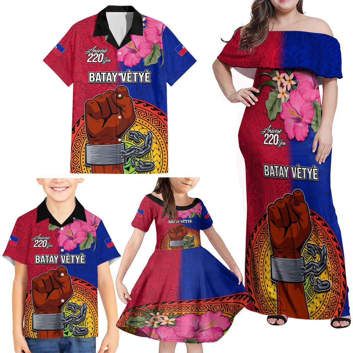 Haiti Battle of Vertieres Family Matching Off Shoulder Maxi Dress and Hawaiian Shirt The Haitian Revolution 220th Anniversary Polynesian Style LT03 - Polynesian Pride