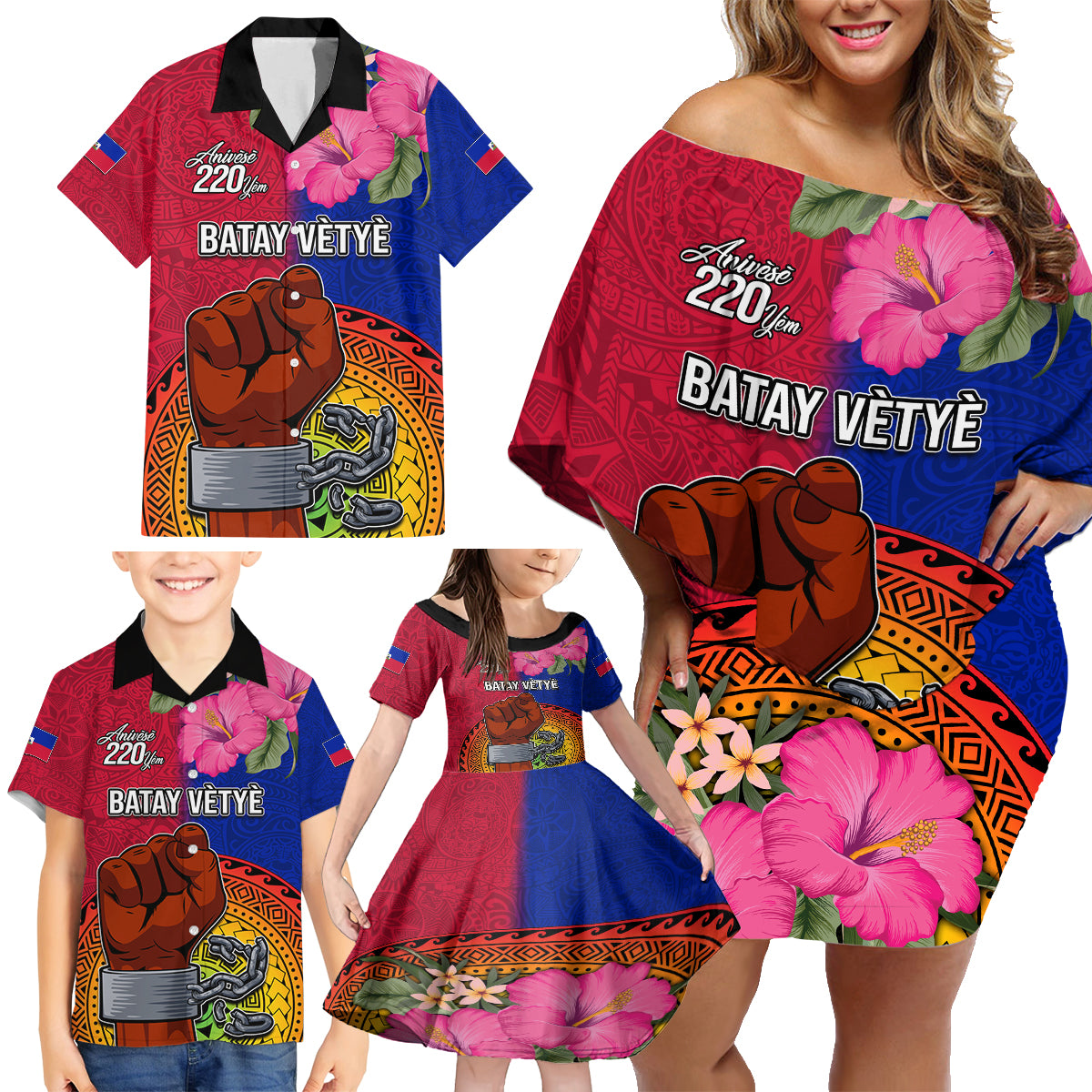 Haiti Battle of Vertieres Family Matching Off Shoulder Short Dress and Hawaiian Shirt The Haitian Revolution 220th Anniversary Polynesian Style LT03 - Polynesian Pride