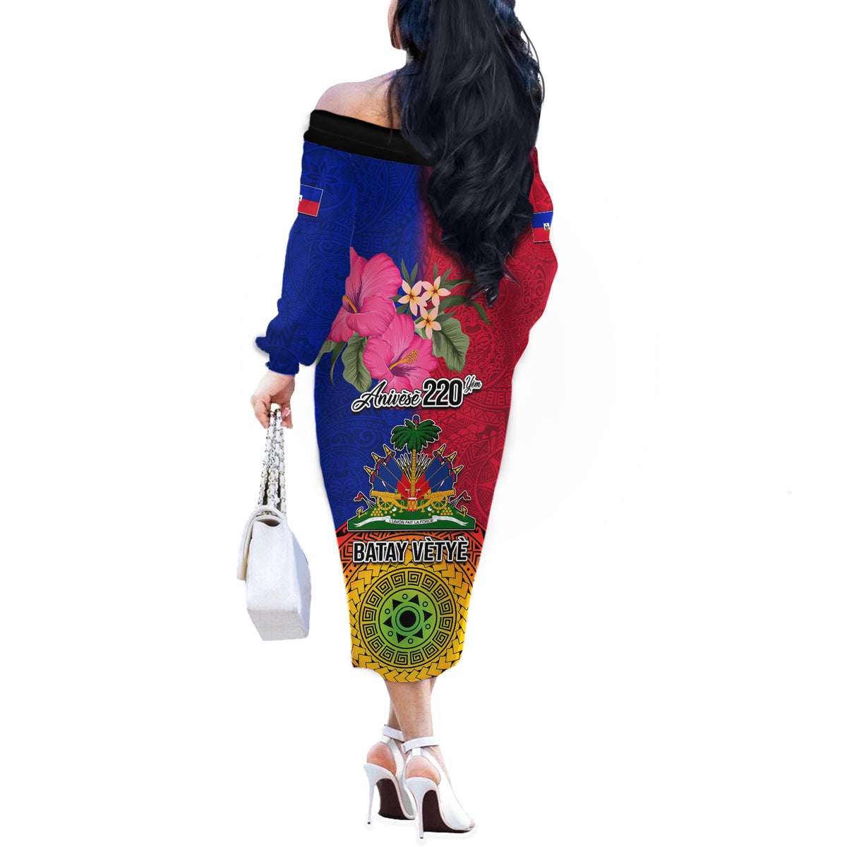 Haiti Battle of Vertieres Off The Shoulder Long Sleeve Dress The Haitian Revolution 220th Anniversary Polynesian Style LT03 - Polynesian Pride
