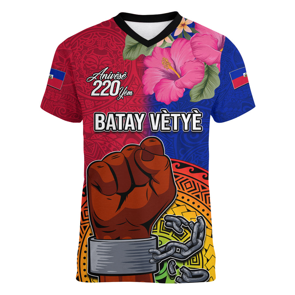 Haiti Battle of Vertieres Women V Neck T Shirt The Haitian Revolution 220th Anniversary Polynesian Style LT03 Female Red - Polynesian Pride