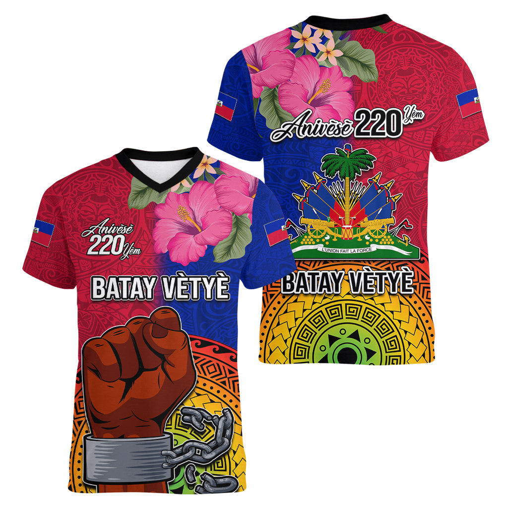 Haiti Battle of Vertieres Women V Neck T Shirt The Haitian Revolution 220th Anniversary Polynesian Style LT03 - Polynesian Pride