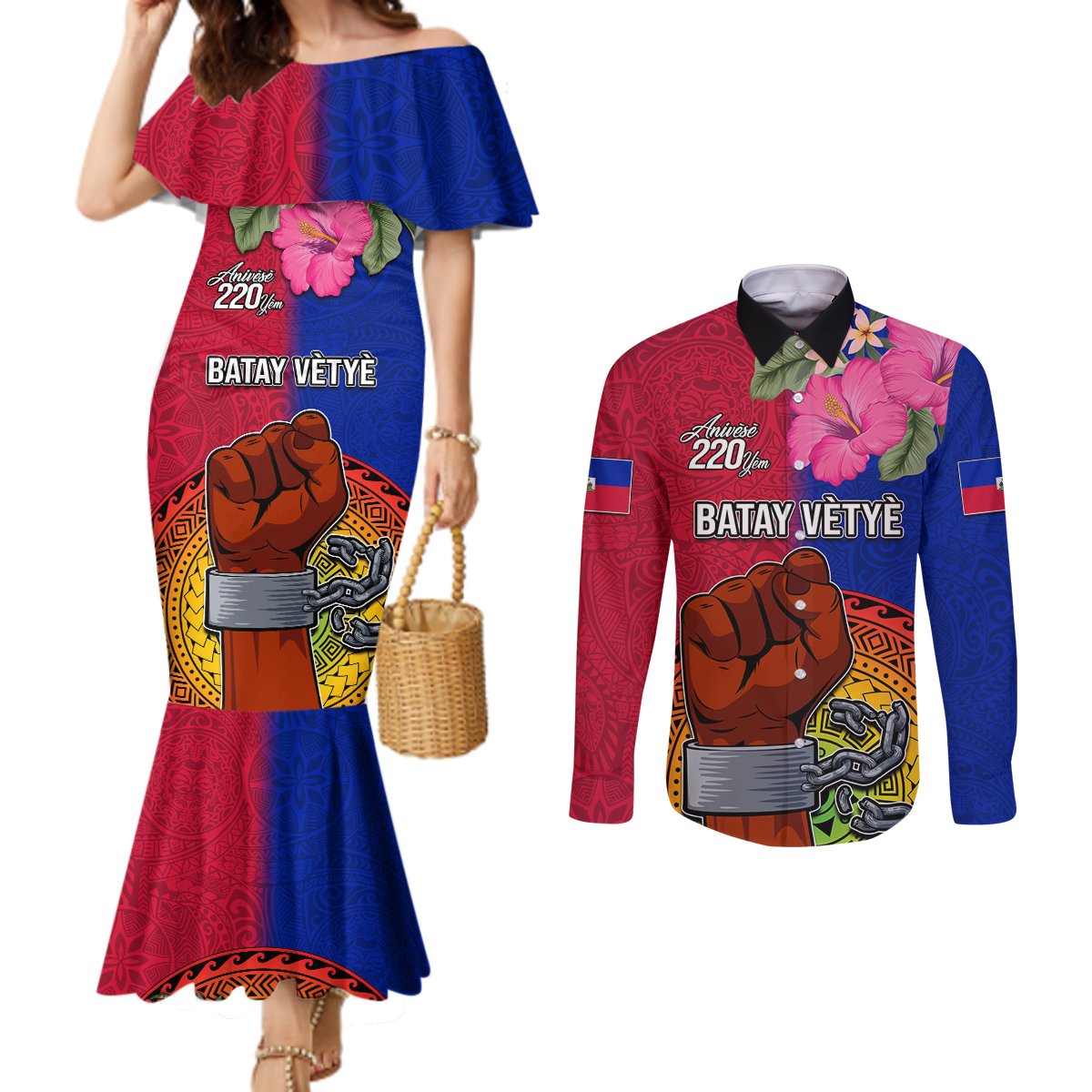 Personalised Haiti Battle of Vertieres Couples Matching Mermaid Dress and Long Sleeve Button Shirt The Haitian Revolution 220th Anniversary Polynesian Style LT03 Red - Polynesian Pride