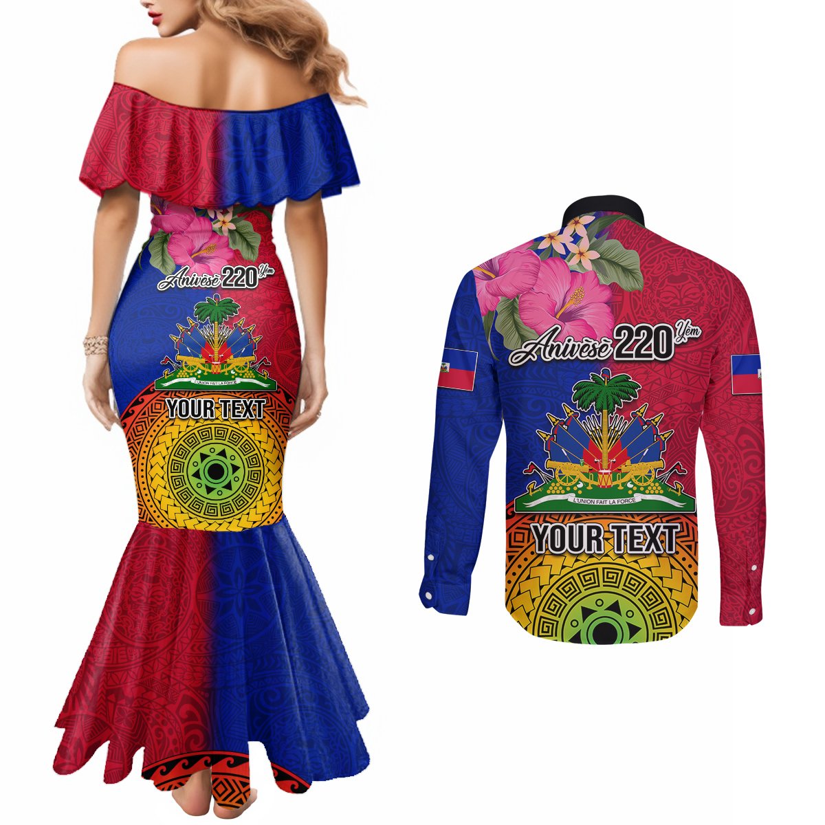 Personalised Haiti Battle of Vertieres Couples Matching Mermaid Dress and Long Sleeve Button Shirt The Haitian Revolution 220th Anniversary Polynesian Style LT03 - Polynesian Pride