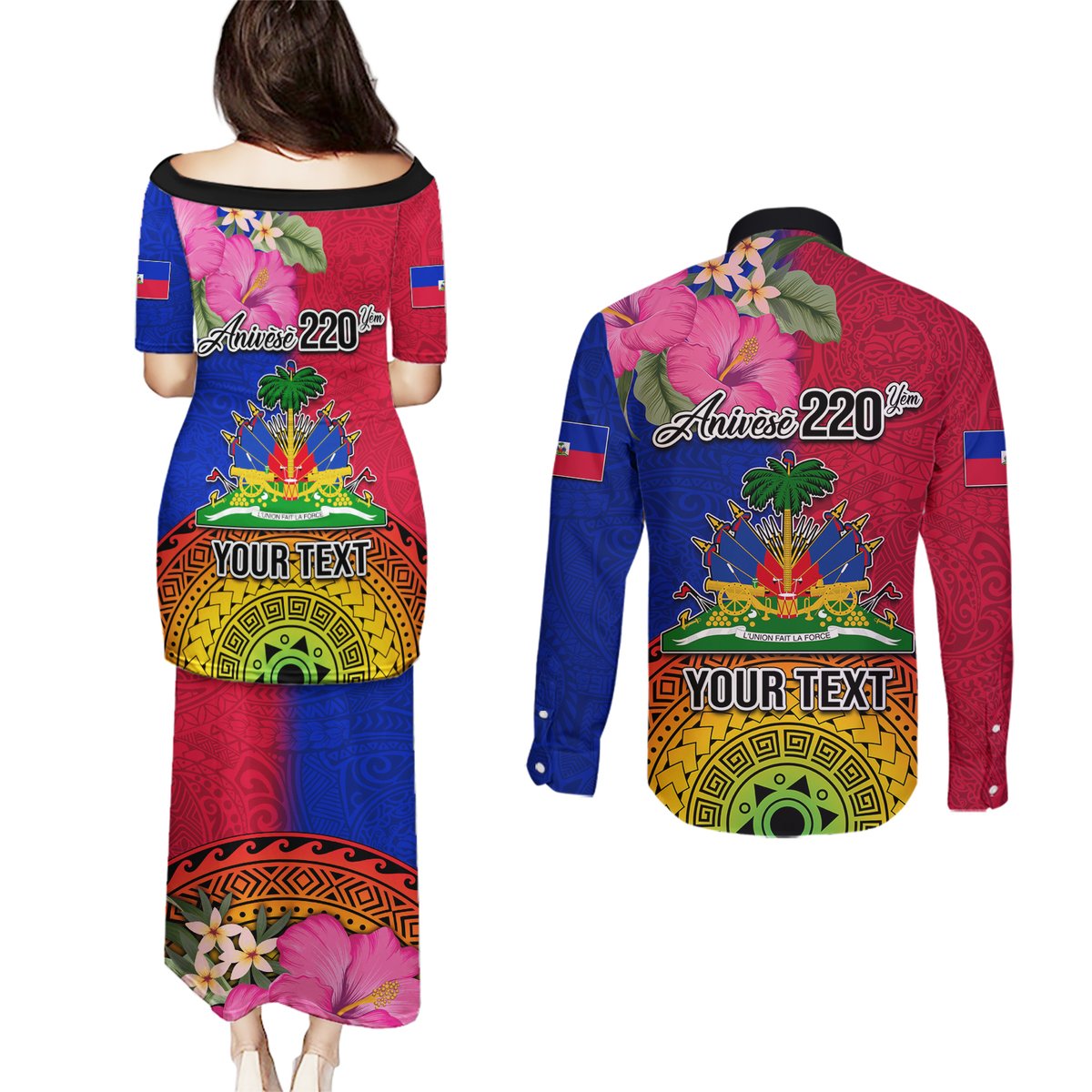 Personalised Haiti Battle of Vertieres Couples Matching Puletasi Dress and Long Sleeve Button Shirt The Haitian Revolution 220th Anniversary Polynesian Style LT03 - Polynesian Pride