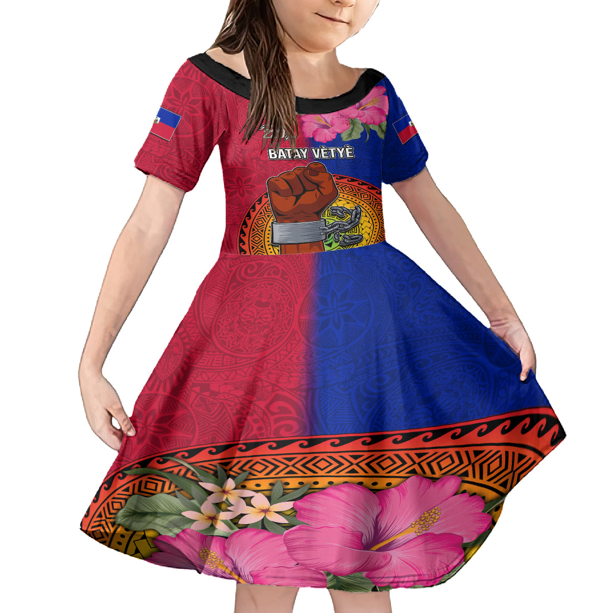 Personalised Haiti Battle of Vertieres Family Matching Summer Maxi Dress and Hawaiian Shirt The Haitian Revolution 220th Anniversary Polynesian Style LT03 Daughter's Dress Red - Polynesian Pride