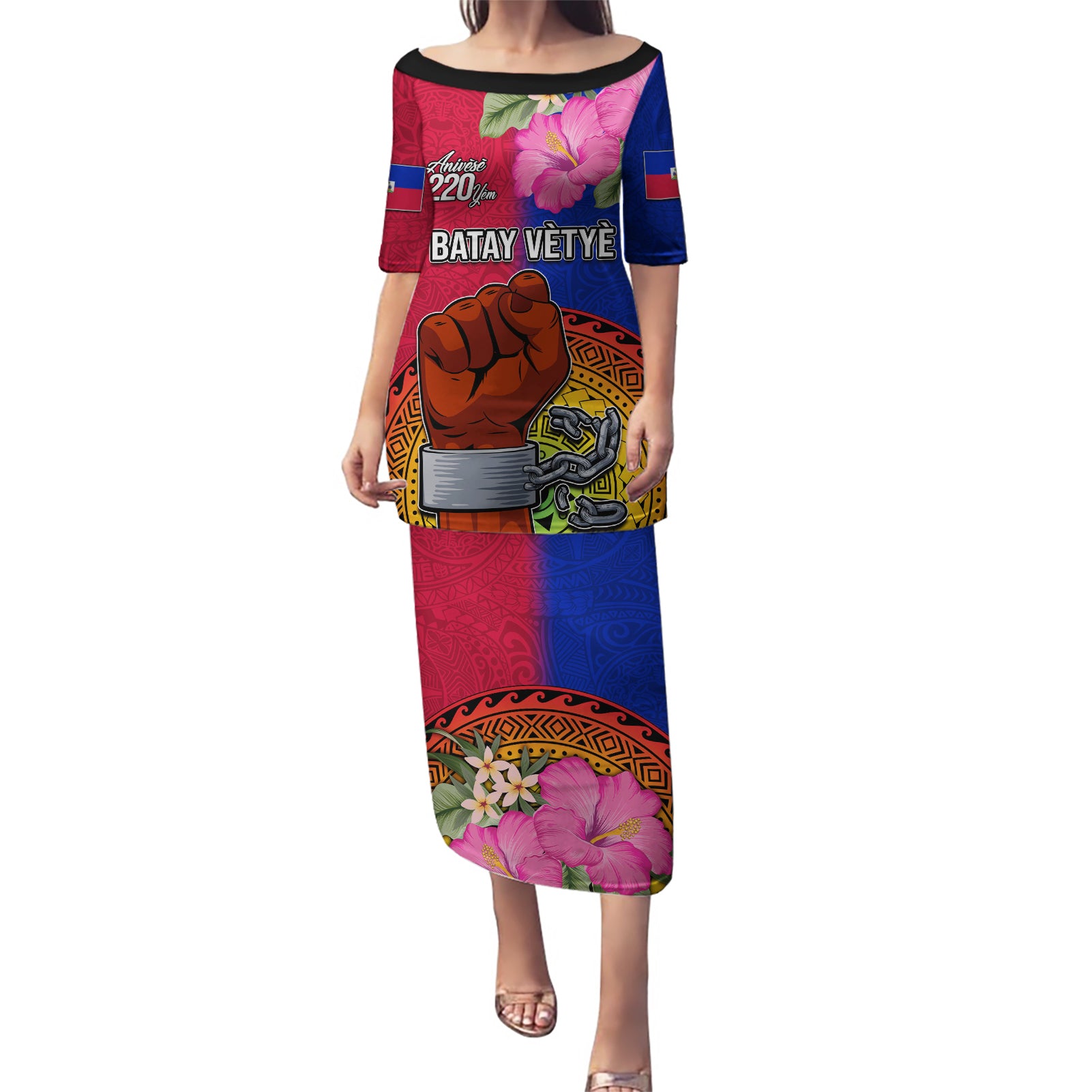 Personalised Haiti Battle of Vertieres Puletasi The Haitian Revolution 220th Anniversary Polynesian Style LT03 Long Dress Red - Polynesian Pride