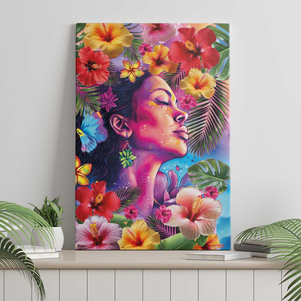 Polynesian Women Canvas Wall Art Tropical Plant - Vibrant Surreal Dreamscape Vibe