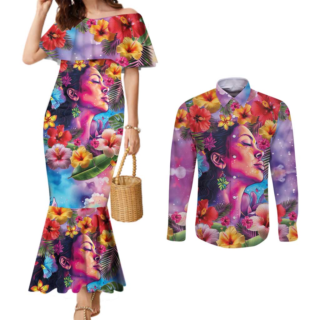 Polynesian Women Couples Matching Mermaid Dress and Long Sleeve Button Shirt Tropical Plant - Vibrant Surreal Dreamscape Vibe