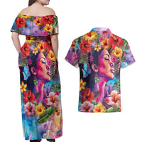 Polynesian Women Couples Matching Off Shoulder Maxi Dress and Hawaiian Shirt Tropical Plant - Vibrant Surreal Dreamscape Vibe