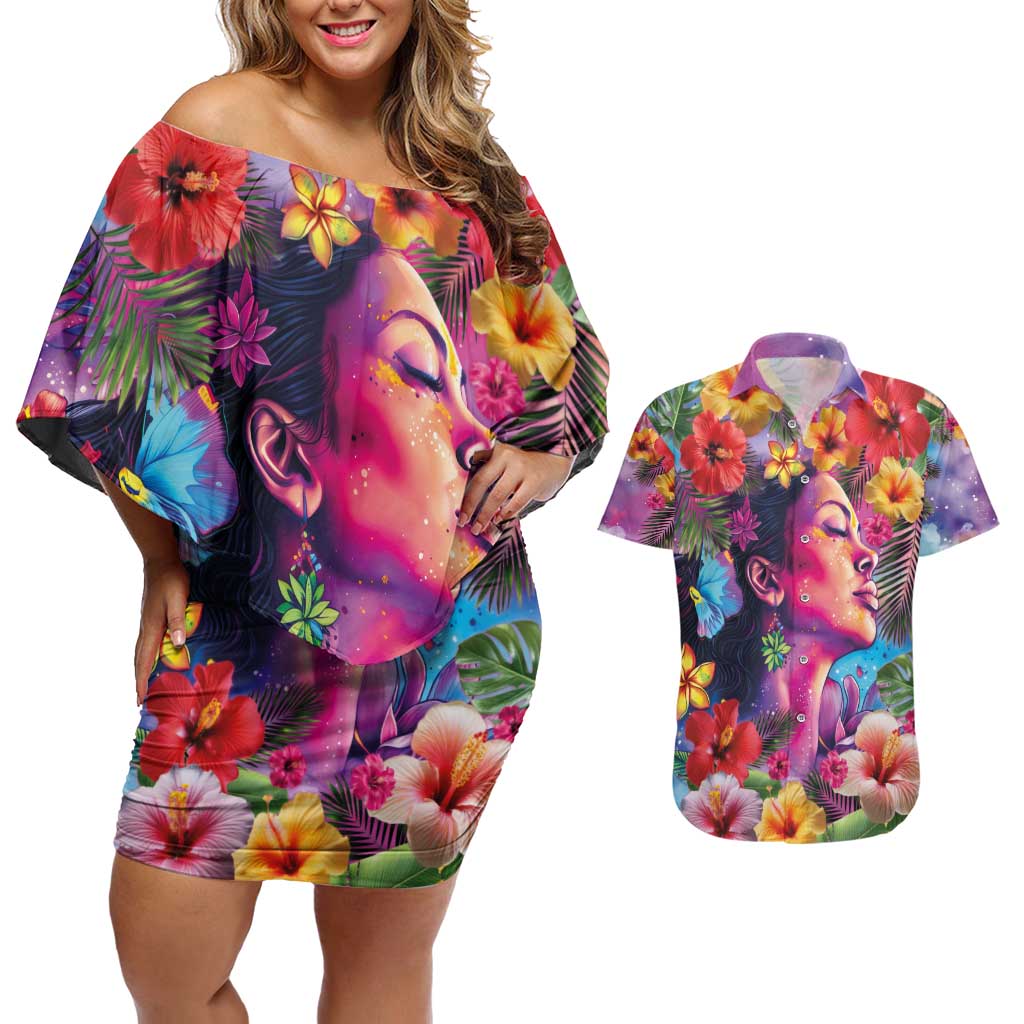 Polynesian Women Couples Matching Off Shoulder Short Dress and Hawaiian Shirt Tropical Plant - Vibrant Surreal Dreamscape Vibe