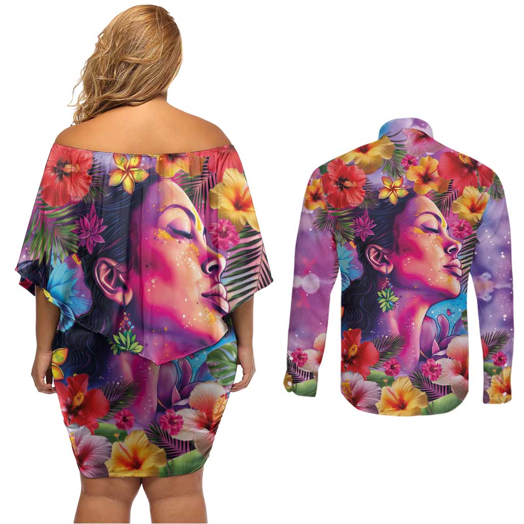 Polynesian Women Couples Matching Off Shoulder Short Dress and Long Sleeve Button Shirt Tropical Plant - Vibrant Surreal Dreamscape Vibe