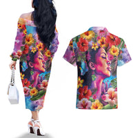 Polynesian Women Couples Matching Off The Shoulder Long Sleeve Dress and Hawaiian Shirt Tropical Plant - Vibrant Surreal Dreamscape Vibe