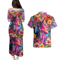 Polynesian Women Couples Matching Puletasi and Hawaiian Shirt Tropical Plant - Vibrant Surreal Dreamscape Vibe