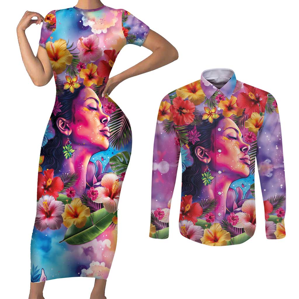 Polynesian Women Couples Matching Short Sleeve Bodycon Dress and Long Sleeve Button Shirt Tropical Plant - Vibrant Surreal Dreamscape Vibe