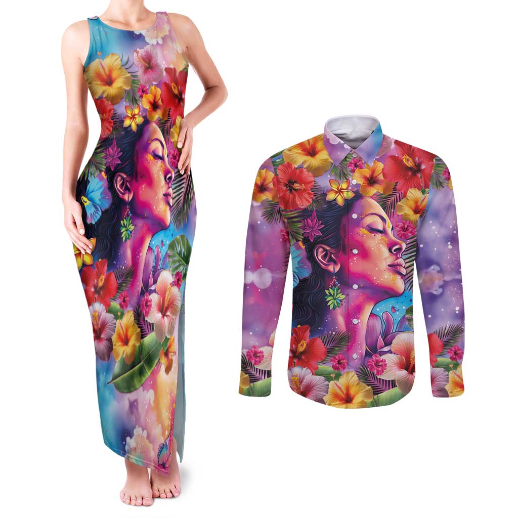 Polynesian Women Couples Matching Tank Maxi Dress and Long Sleeve Button Shirt Tropical Plant - Vibrant Surreal Dreamscape Vibe