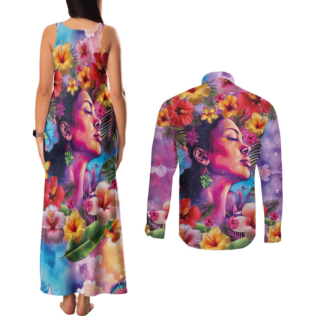 Polynesian Women Couples Matching Tank Maxi Dress and Long Sleeve Button Shirt Tropical Plant - Vibrant Surreal Dreamscape Vibe