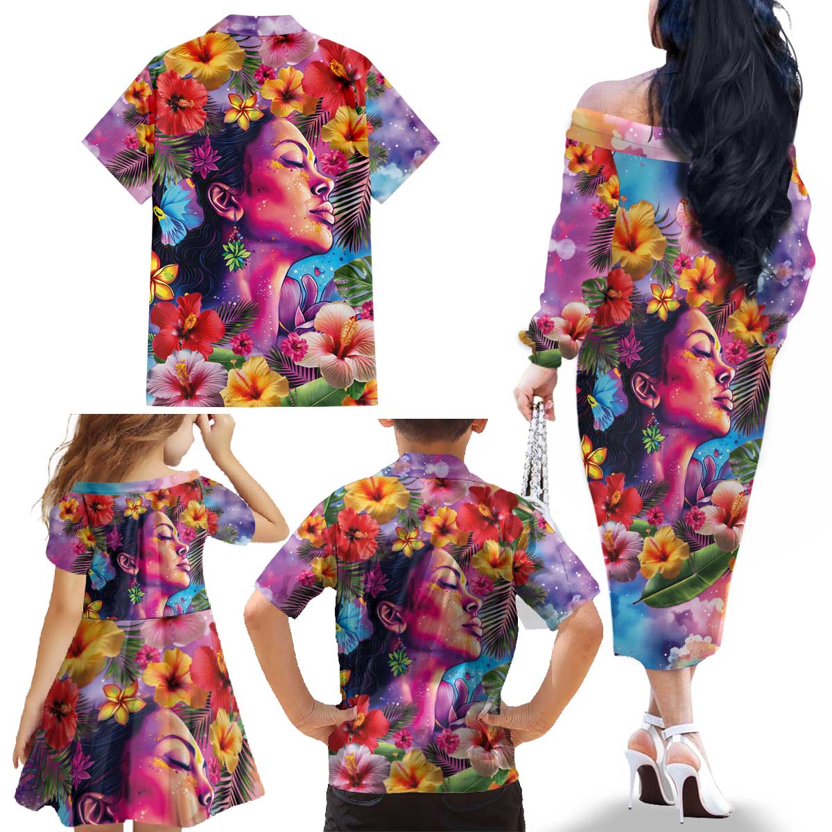 Polynesian Women Family Matching Off The Shoulder Long Sleeve Dress and Hawaiian Shirt Tropical Plant - Vibrant Surreal Dreamscape Vibe