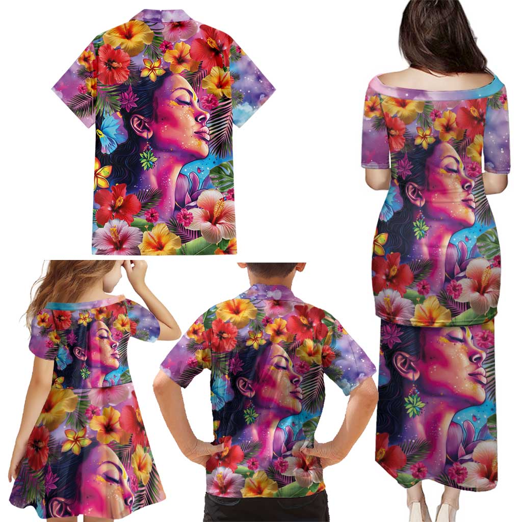 Polynesian Women Family Matching Puletasi and Hawaiian Shirt Tropical Plant - Vibrant Surreal Dreamscape Vibe