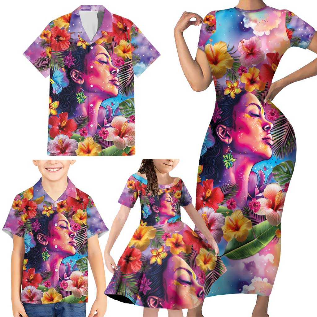 Polynesian Women Family Matching Short Sleeve Bodycon Dress and Hawaiian Shirt Tropical Plant - Vibrant Surreal Dreamscape Vibe