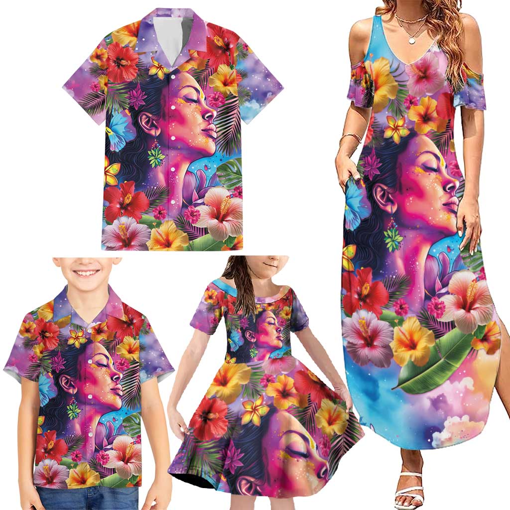Polynesian Women Family Matching Summer Maxi Dress and Hawaiian Shirt Tropical Plant - Vibrant Surreal Dreamscape Vibe