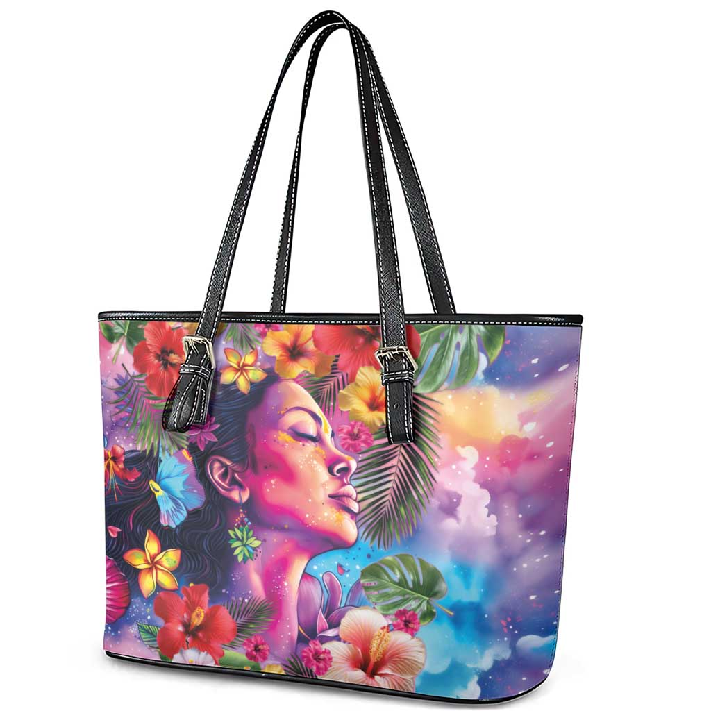 Polynesian Women Leather Tote Bag Tropical Plant - Vibrant Surreal Dreamscape Vibe