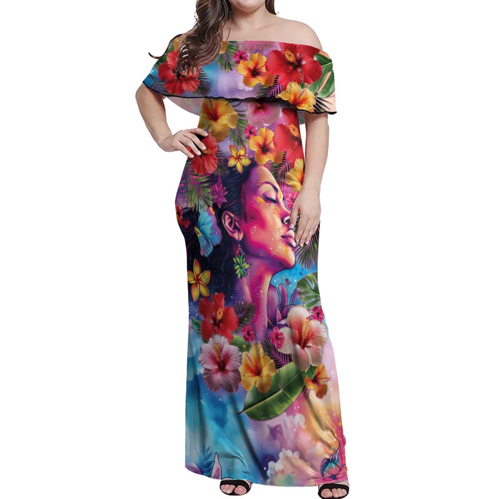 Polynesian Women Off Shoulder Maxi Dress Tropical Plant - Vibrant Surreal Dreamscape Vibe