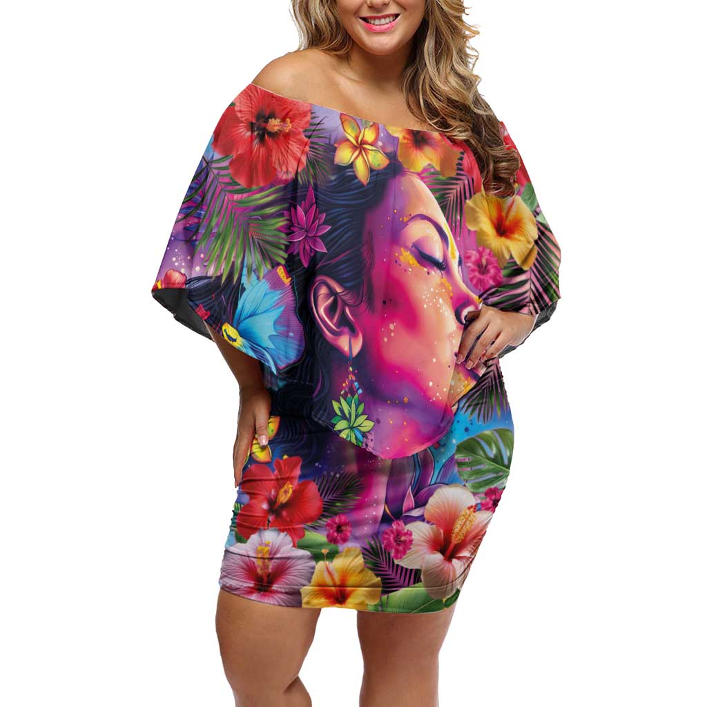 Polynesian Women Off Shoulder Short Dress Tropical Plant - Vibrant Surreal Dreamscape Vibe