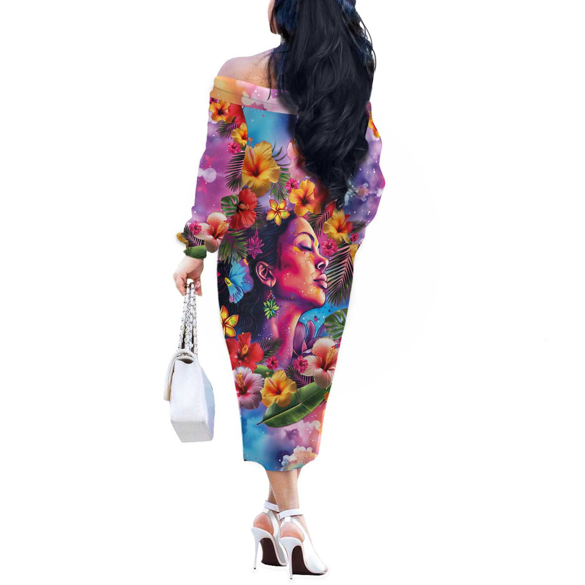 Polynesian Women Off The Shoulder Long Sleeve Dress Tropical Plant - Vibrant Surreal Dreamscape Vibe