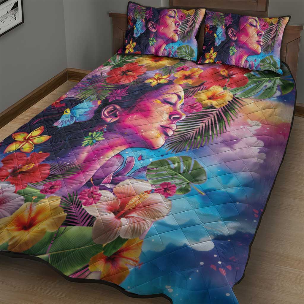 Polynesian Women Quilt Bed Set Tropical Plant - Vibrant Surreal Dreamscape Vibe