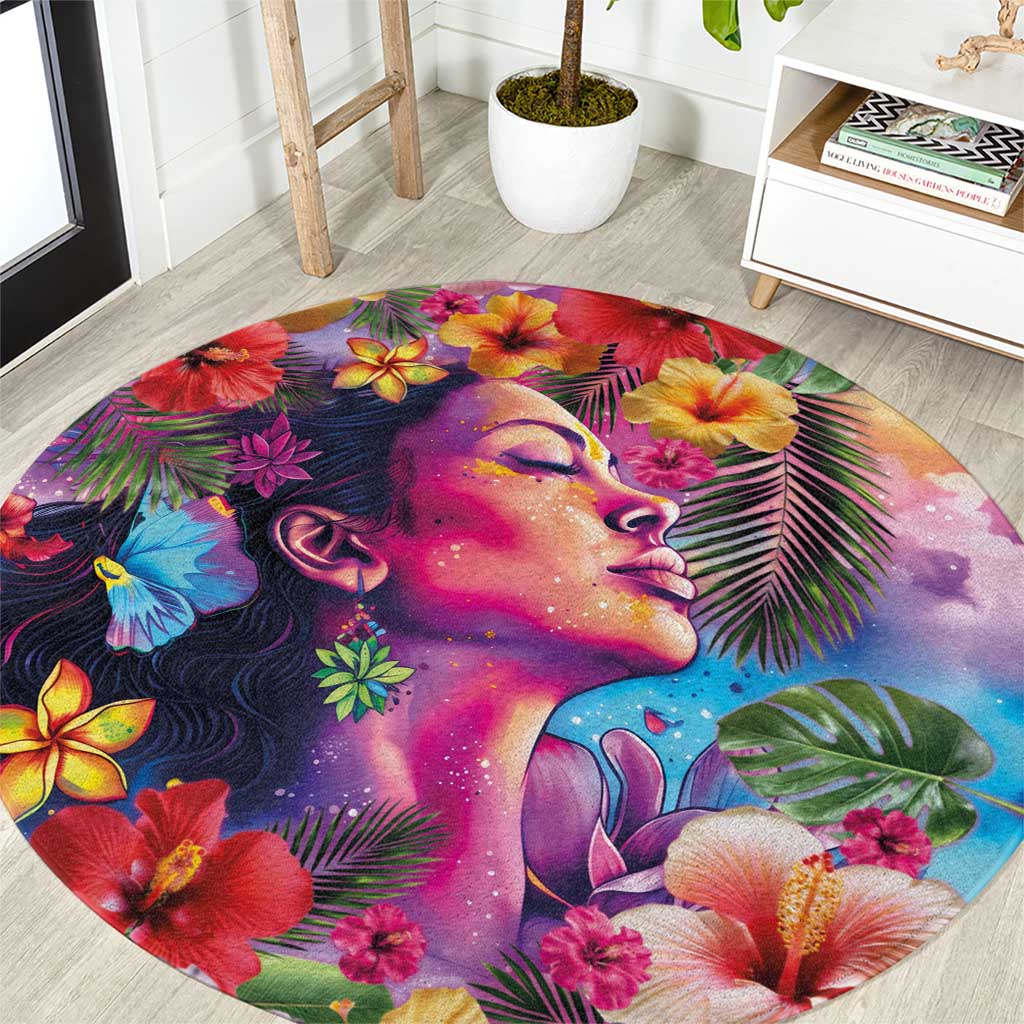 Polynesian Women Round Carpet Tropical Plant - Vibrant Surreal Dreamscape Vibe