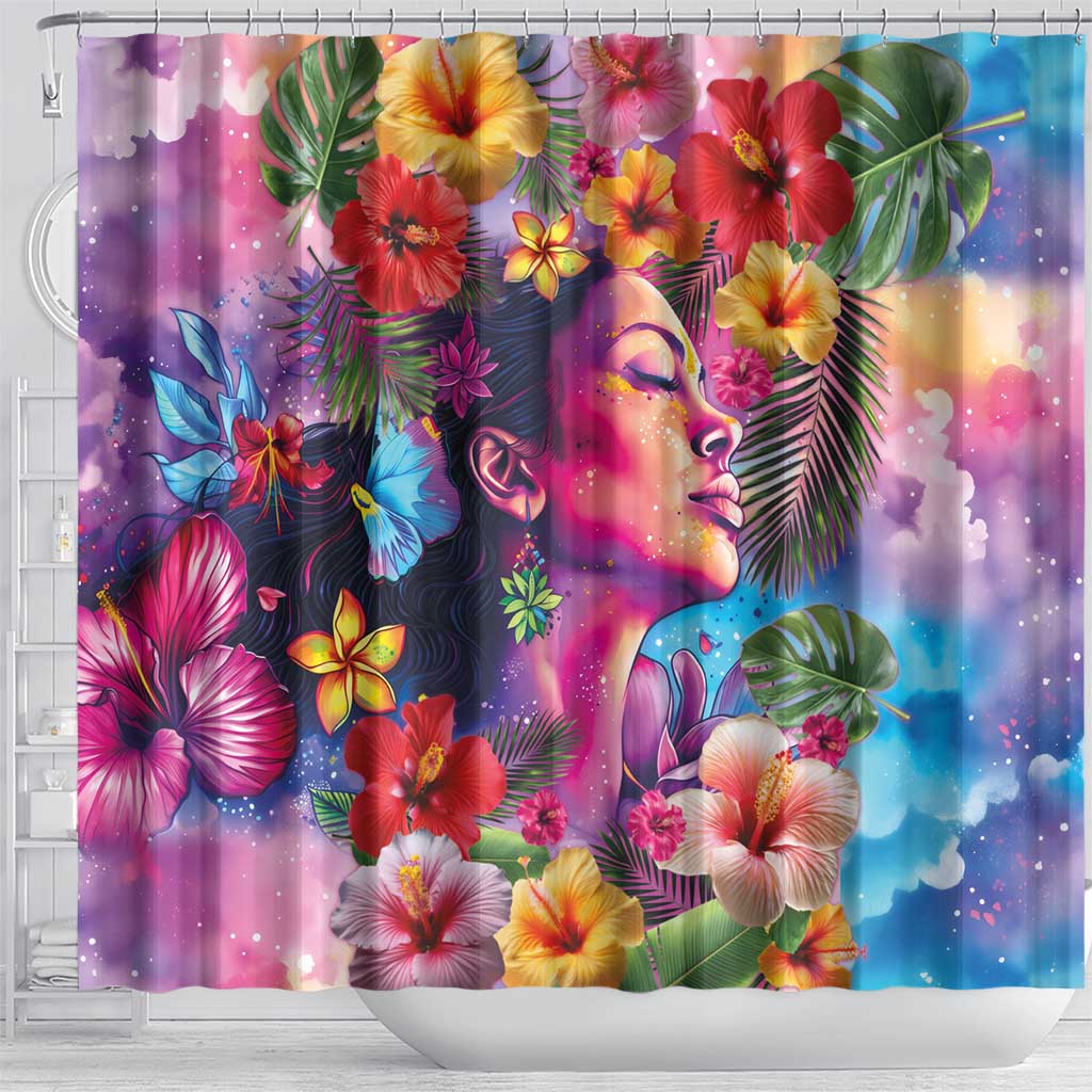 Polynesian Women Shower Curtain Tropical Plant - Vibrant Surreal Dreamscape Vibe