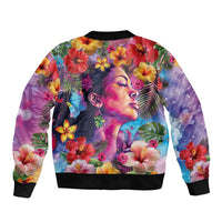Polynesian Women Sleeve Zip Bomber Jacket Tropical Plant - Vibrant Surreal Dreamscape Vibe