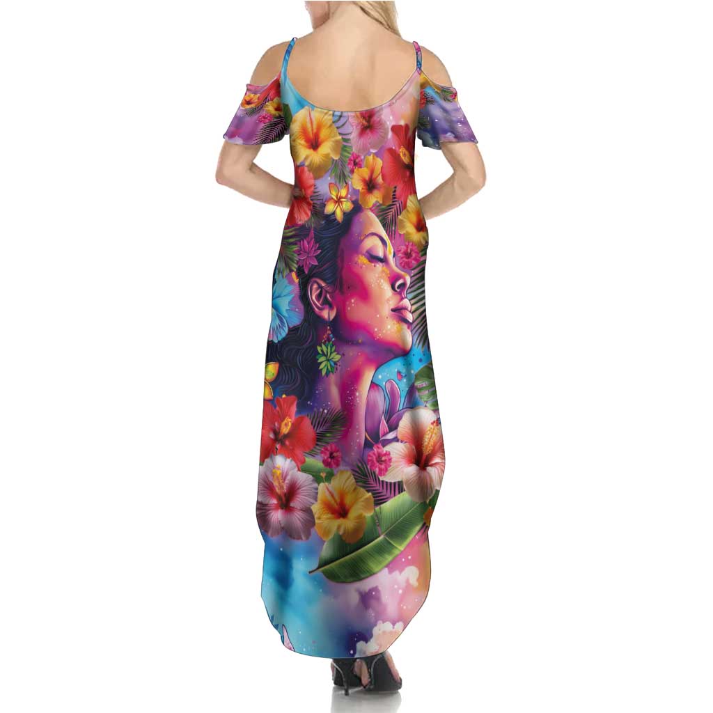 Polynesian Women Summer Maxi Dress Tropical Plant - Vibrant Surreal Dreamscape Vibe