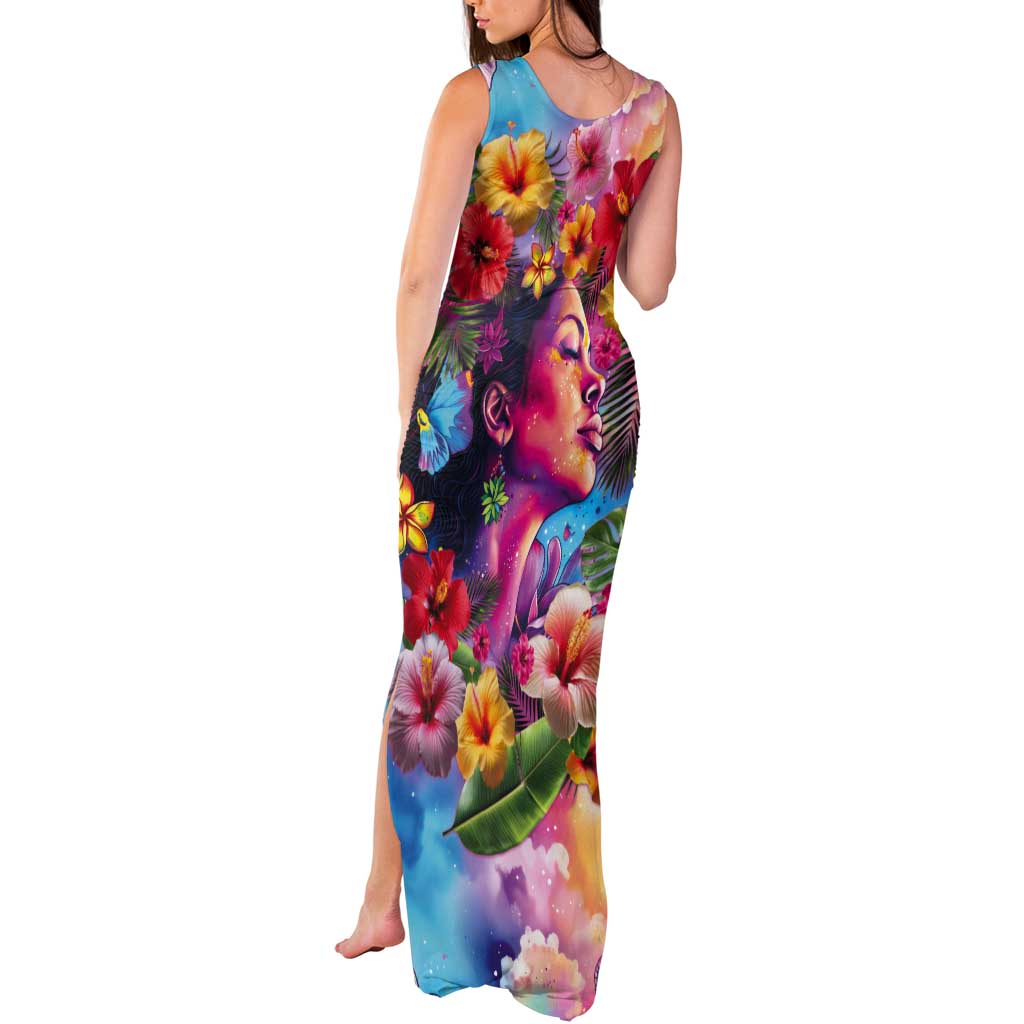 Polynesian Women Tank Maxi Dress Tropical Plant - Vibrant Surreal Dreamscape Vibe