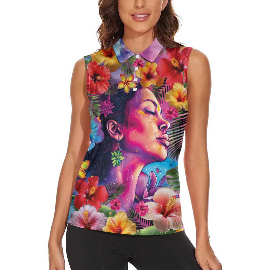 Polynesian Women Women Sleeveless Polo Shirt Tropical Plant - Vibrant Surreal Dreamscape Vibe
