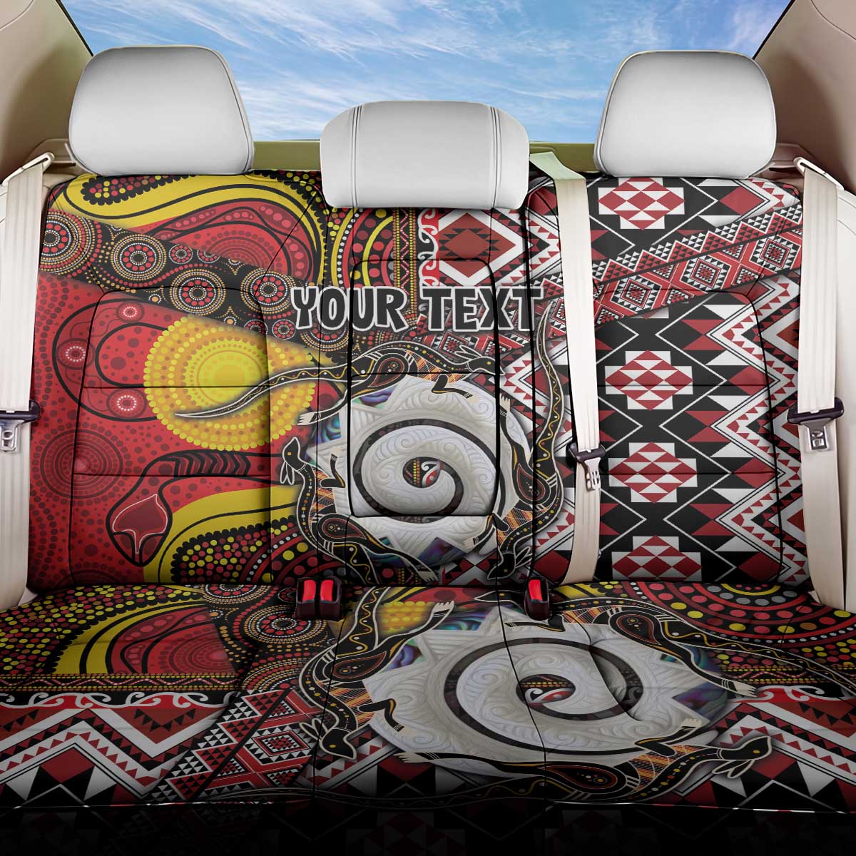 Personalised Aotearoa and Australia Together Back Car Seat Cover Koru and Kangaroo - Taniko with Aboriginal Motif